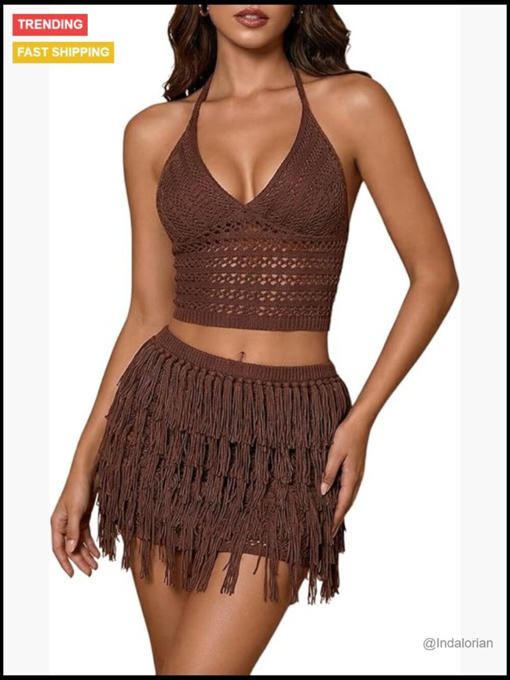 2 Piece Outfit Crochet Halter Crop Top Fringe Mini Skirt Set